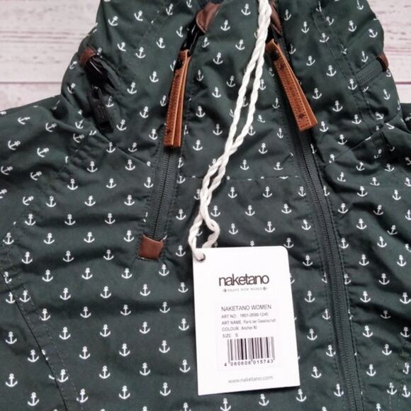 NWT NAKETANO Anchor Print Dark Green High Collar Zip Up Fall Jacket S - Picture 3 of 8